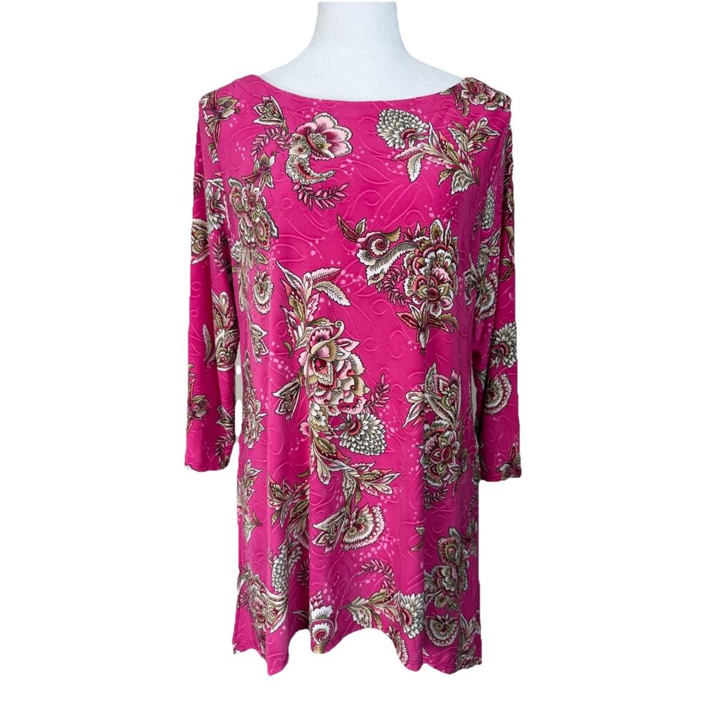 JM Collection Women's Top M Tunic Pink Floral 3/4 Sleeves Spring Easter Classic